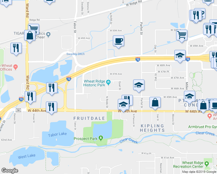 map of restaurants, bars, coffee shops, grocery stores, and more near 4610 Robb Street in Wheat Ridge