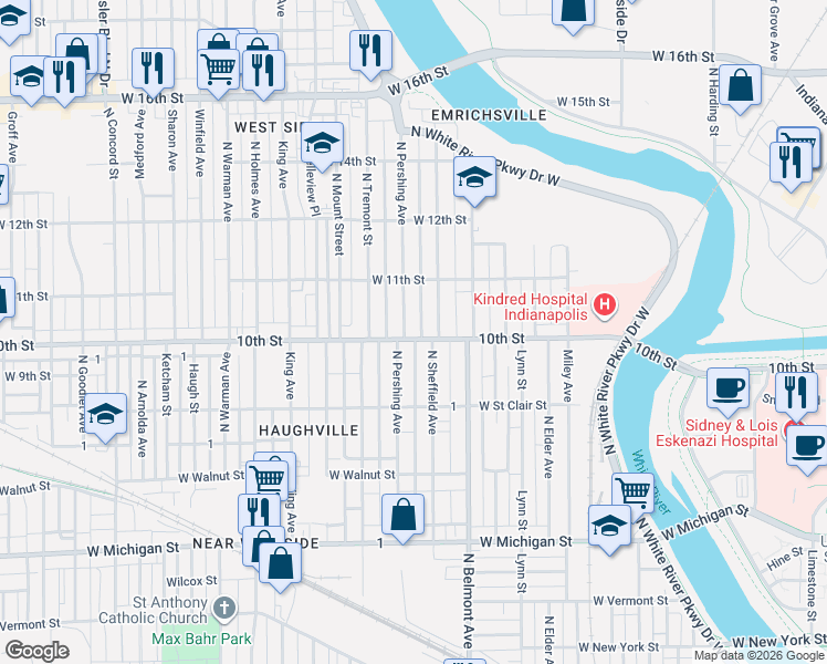 map of restaurants, bars, coffee shops, grocery stores, and more near 1025 North Pershing Avenue in Indianapolis