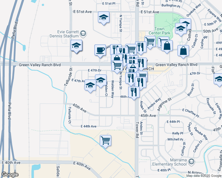 map of restaurants, bars, coffee shops, grocery stores, and more near 4636 Walden Court in Denver
