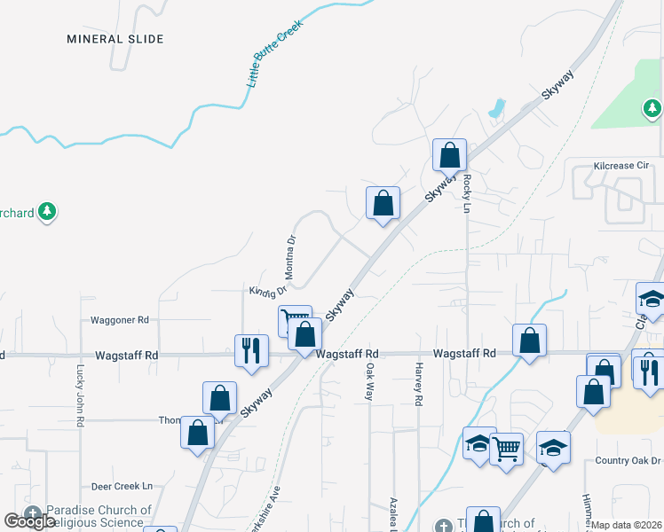 map of restaurants, bars, coffee shops, grocery stores, and more near 8470 Montna Drive in Paradise