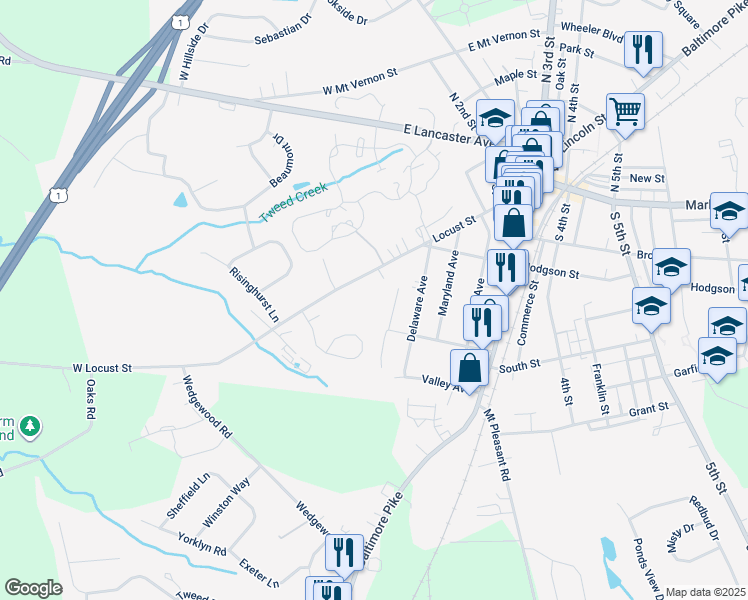 map of restaurants, bars, coffee shops, grocery stores, and more near 140 West Locust Street in Oxford