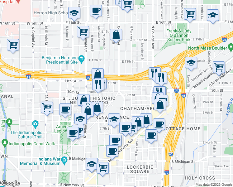 map of restaurants, bars, coffee shops, grocery stores, and more near 1019 11th Street in Indianapolis