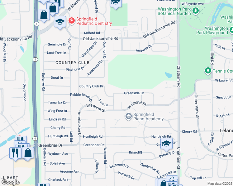 map of restaurants, bars, coffee shops, grocery stores, and more near 2399 Greenside Drive in Springfield