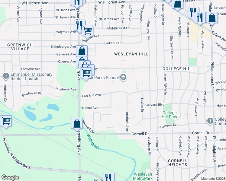 map of restaurants, bars, coffee shops, grocery stores, and more near 3737 Lori Sue Avenue in Dayton