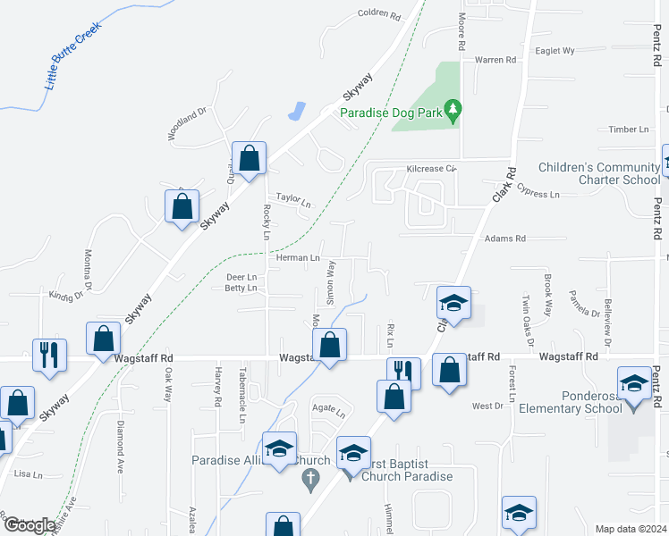 map of restaurants, bars, coffee shops, grocery stores, and more near 6498 Simon Way in Paradise
