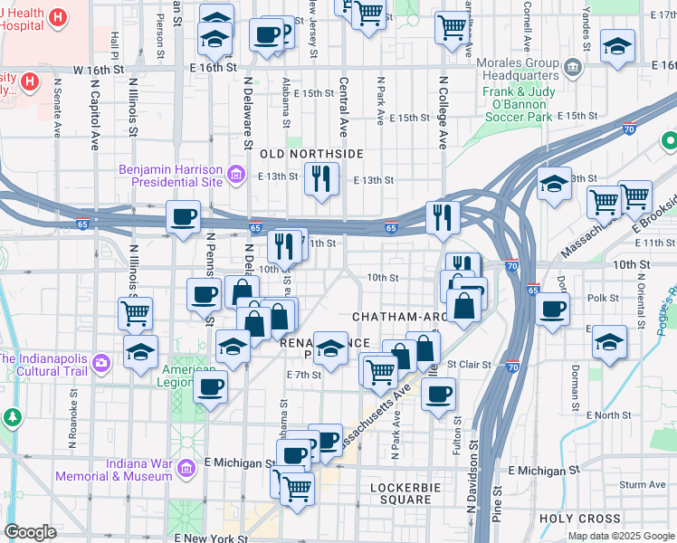 map of restaurants, bars, coffee shops, grocery stores, and more near 968 Fort Wayne Avenue in Indianapolis