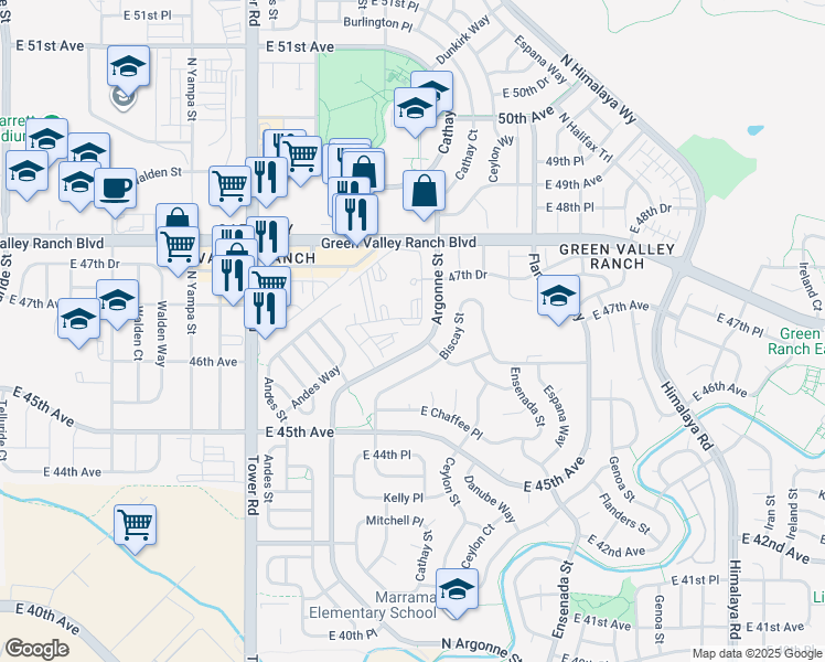map of restaurants, bars, coffee shops, grocery stores, and more near 4775 Argonne Street in Denver