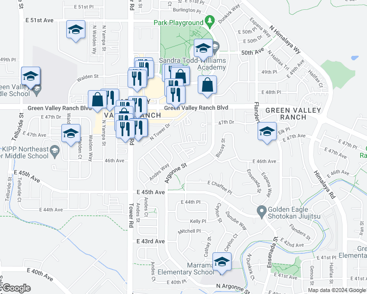 map of restaurants, bars, coffee shops, grocery stores, and more near 4775 Argonne Street in Denver