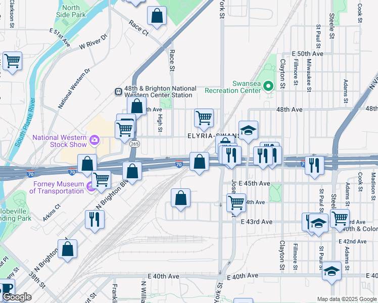 map of restaurants, bars, coffee shops, grocery stores, and more near 4671 Vine Street in Denver