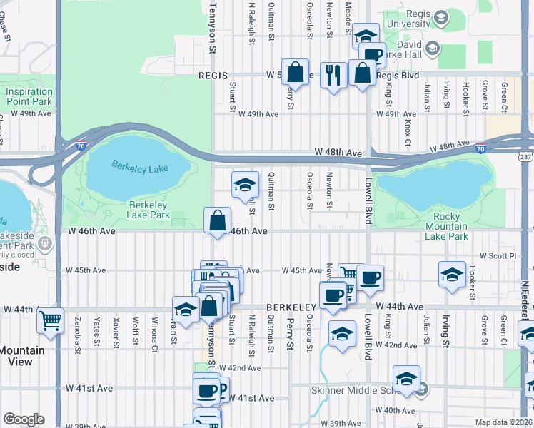 map of restaurants, bars, coffee shops, grocery stores, and more near 4669 Quitman Street in Denver