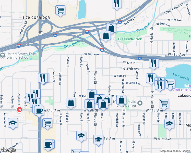 map of restaurants, bars, coffee shops, grocery stores, and more near 4680 Pierce Street in Wheat Ridge