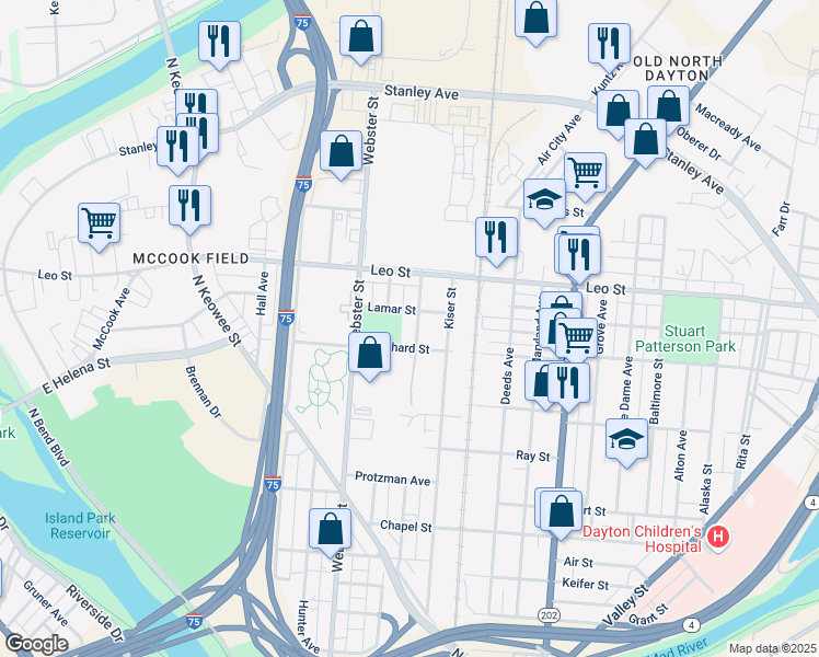 map of restaurants, bars, coffee shops, grocery stores, and more near 1441 Milburn Avenue in Dayton