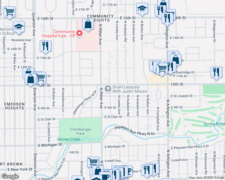 map of restaurants, bars, coffee shops, grocery stores, and more near 982 North Lesley Avenue in Indianapolis