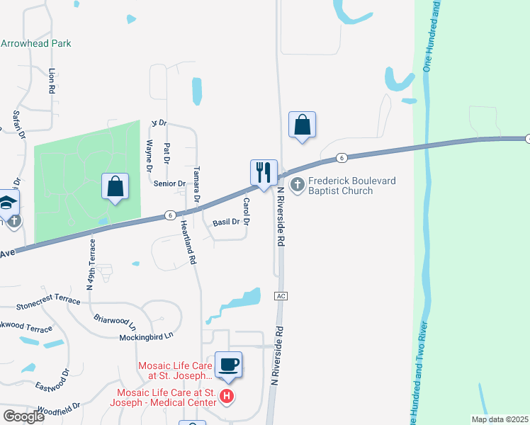 map of restaurants, bars, coffee shops, grocery stores, and more near 5430 Frederick Avenue in Saint Joseph