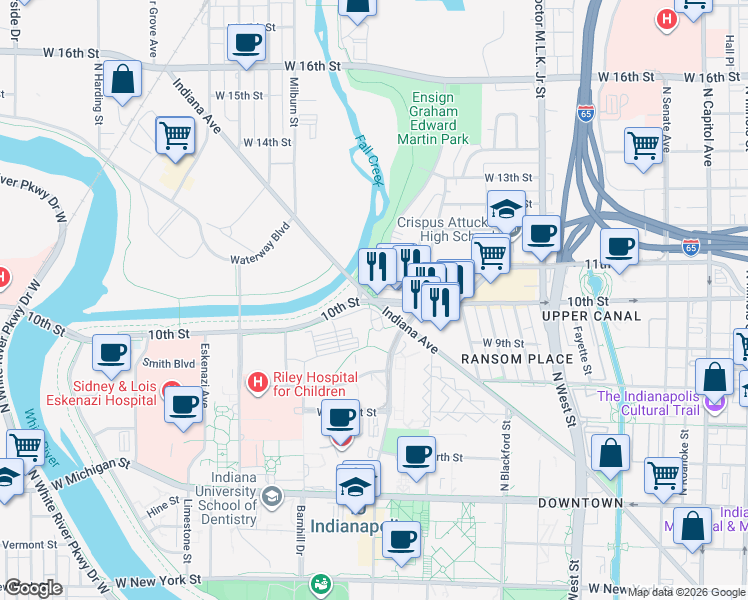map of restaurants, bars, coffee shops, grocery stores, and more near West 10th Street & Indiana Avenue in Indianapolis
