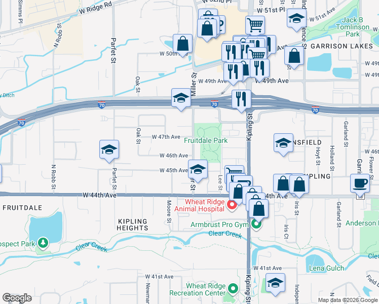 map of restaurants, bars, coffee shops, grocery stores, and more near 4601 Miller Street in Wheat Ridge