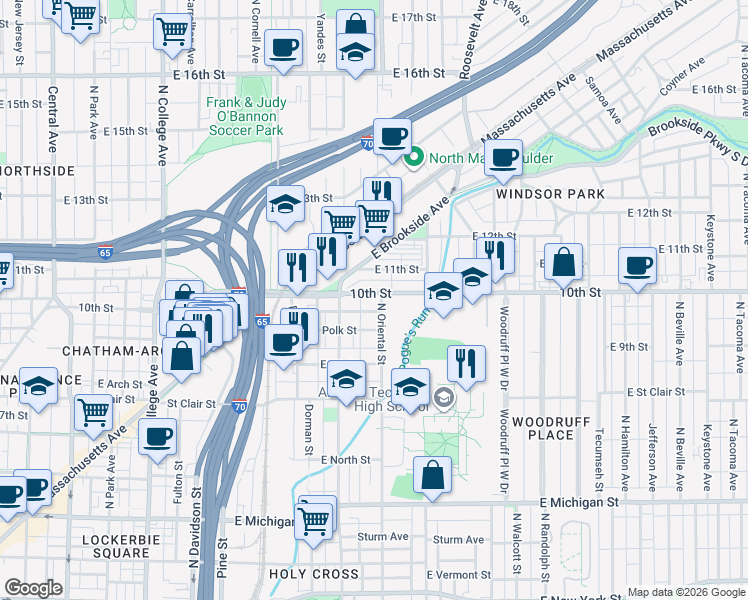 map of restaurants, bars, coffee shops, grocery stores, and more near 1306 East 10th Street in Indianapolis