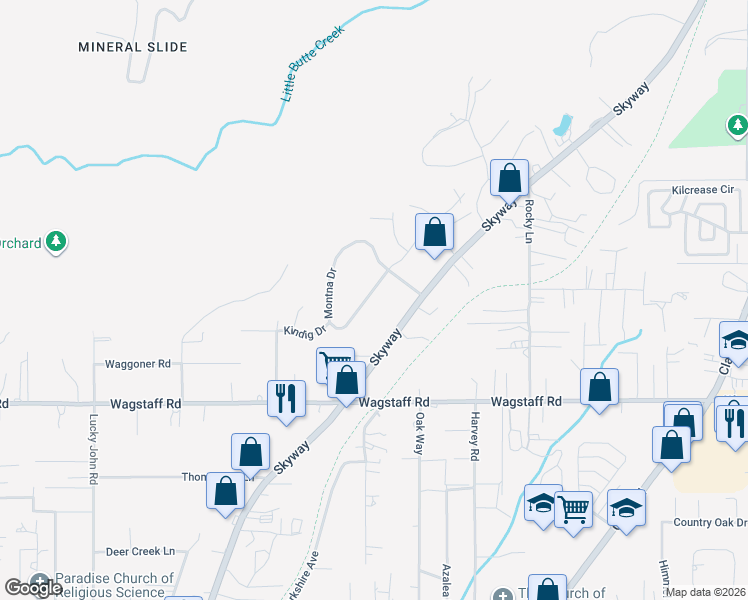 map of restaurants, bars, coffee shops, grocery stores, and more near 8470 Montna Drive in Paradise