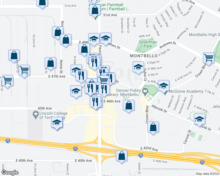 map of restaurants, bars, coffee shops, grocery stores, and more near 4660 Peoria Street in Denver