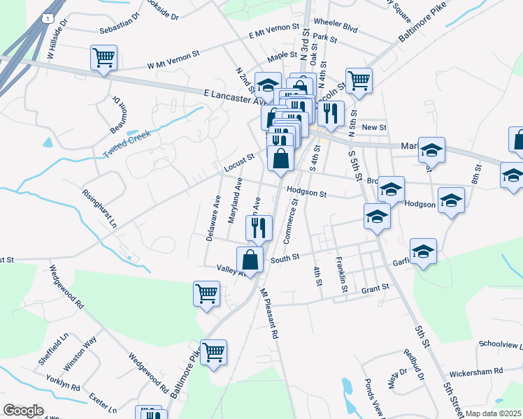 map of restaurants, bars, coffee shops, grocery stores, and more near 231 Penn Avenue in Oxford