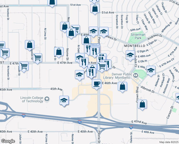 map of restaurants, bars, coffee shops, grocery stores, and more near 4685 Peoria Street in Denver