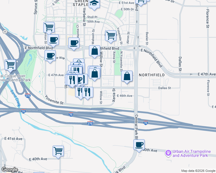 map of restaurants, bars, coffee shops, grocery stores, and more near 8634 Northfield Boulevard in Denver