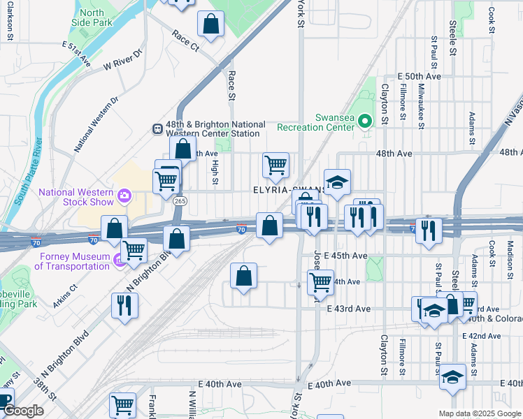 map of restaurants, bars, coffee shops, grocery stores, and more near 4676 North Gaylord Street in Denver