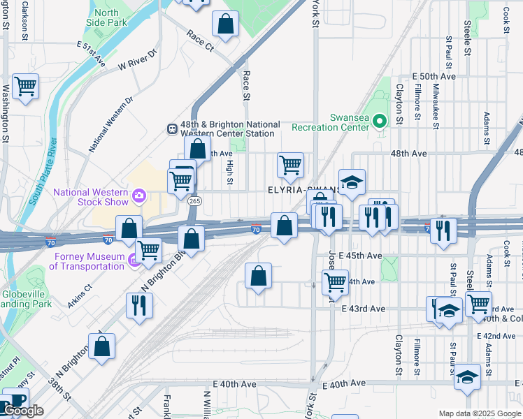 map of restaurants, bars, coffee shops, grocery stores, and more near 4671 Vine Street in Denver