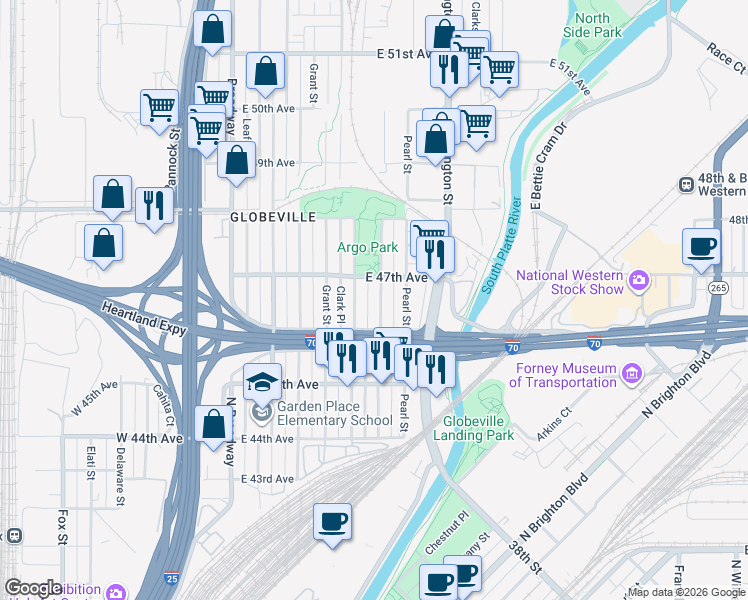 map of restaurants, bars, coffee shops, grocery stores, and more near 4672 Logan Street in Denver