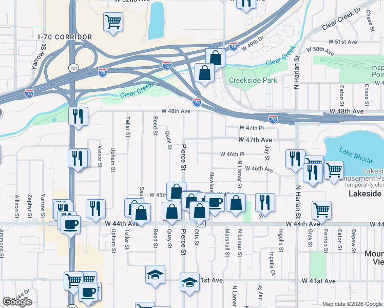 map of restaurants, bars, coffee shops, grocery stores, and more near 4680 Pierce Street in Wheat Ridge