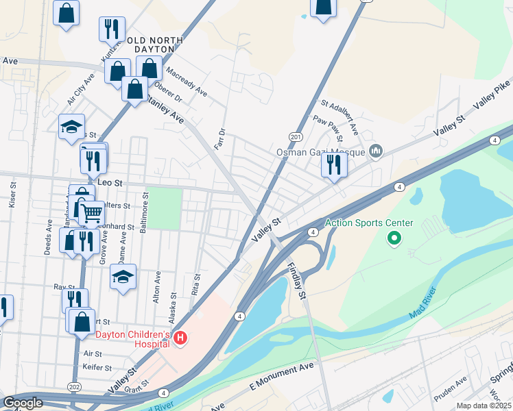 map of restaurants, bars, coffee shops, grocery stores, and more near 2077 Stanview Avenue in Dayton