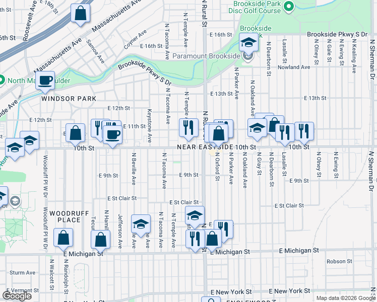 map of restaurants, bars, coffee shops, grocery stores, and more near 2602 East 10th Street in Indianapolis