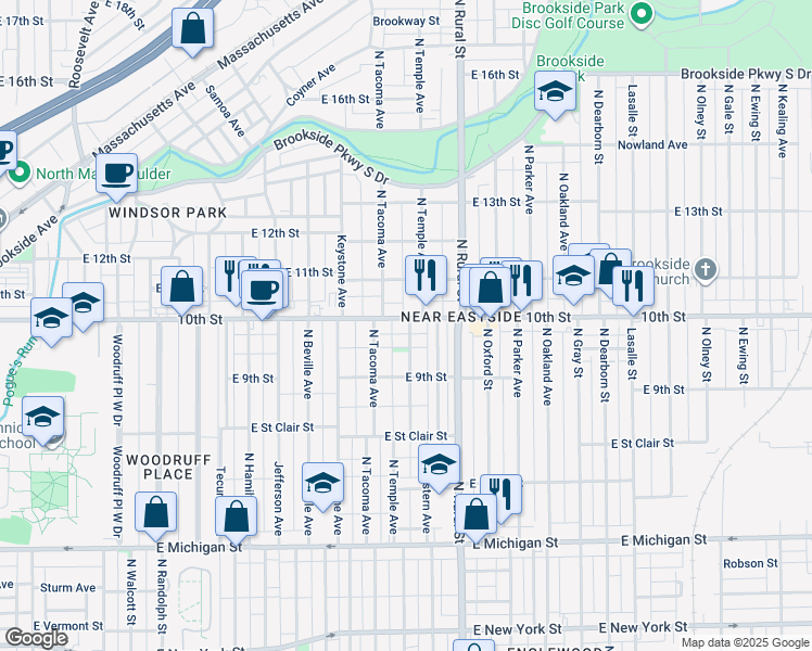 map of restaurants, bars, coffee shops, grocery stores, and more near 2602 East 10th Street in Indianapolis