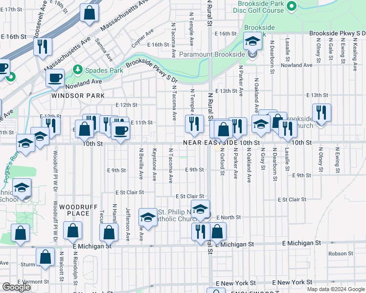 map of restaurants, bars, coffee shops, grocery stores, and more near 2512 East 10th Street in Indianapolis