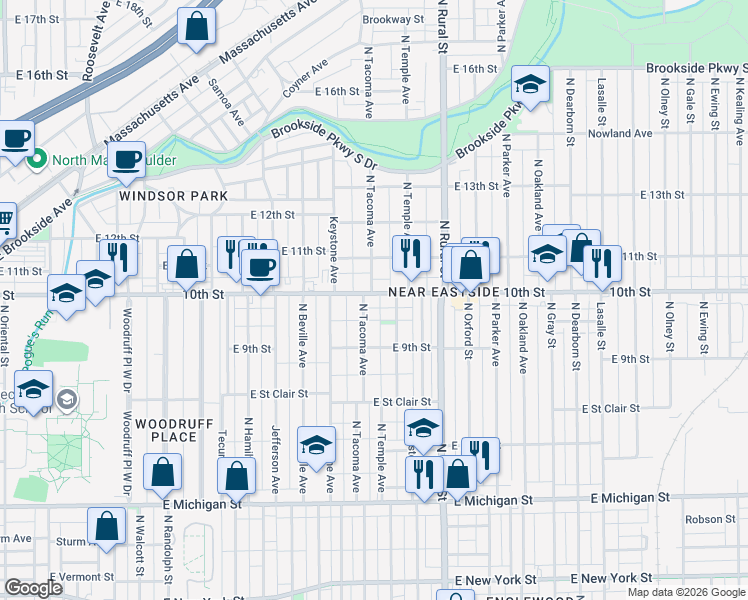 map of restaurants, bars, coffee shops, grocery stores, and more near 2512 East 10th Street in Indianapolis
