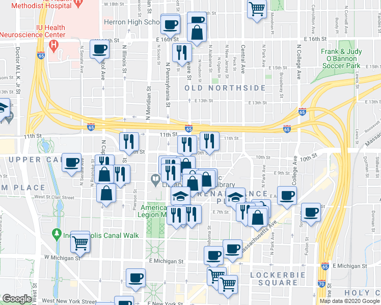 map of restaurants, bars, coffee shops, grocery stores, and more near 1015 North Delaware Street in Indianapolis