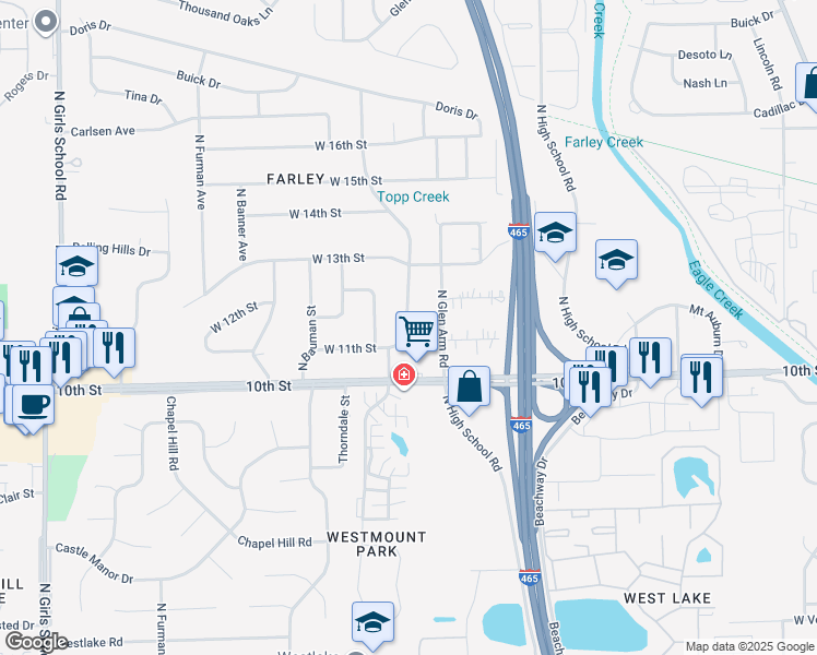 map of restaurants, bars, coffee shops, grocery stores, and more near 1117 Farley Drive in Indianapolis