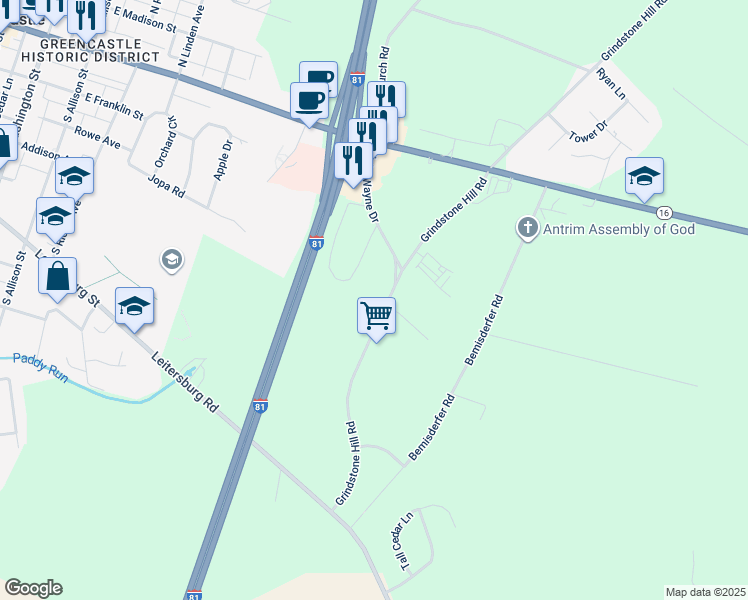 map of restaurants, bars, coffee shops, grocery stores, and more near Grindstone Hill Road in Greencastle