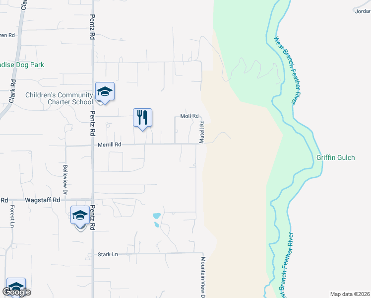 map of restaurants, bars, coffee shops, grocery stores, and more near Summerwood Court in Paradise