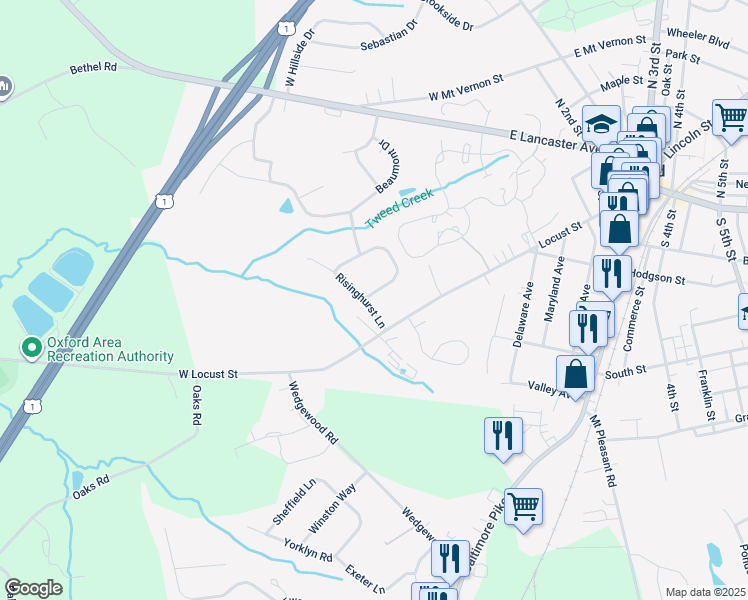 map of restaurants, bars, coffee shops, grocery stores, and more near 644 Abingdon Circle in Oxford