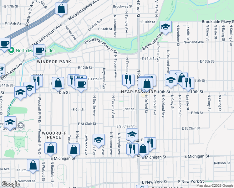 map of restaurants, bars, coffee shops, grocery stores, and more near 2512 East 10th Street in Indianapolis