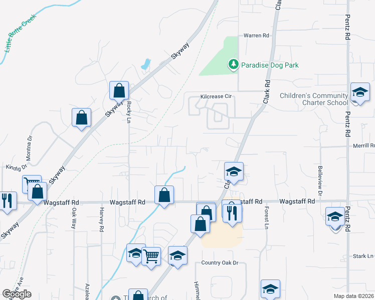 map of restaurants, bars, coffee shops, grocery stores, and more near 1409 Andrea Lane in Paradise