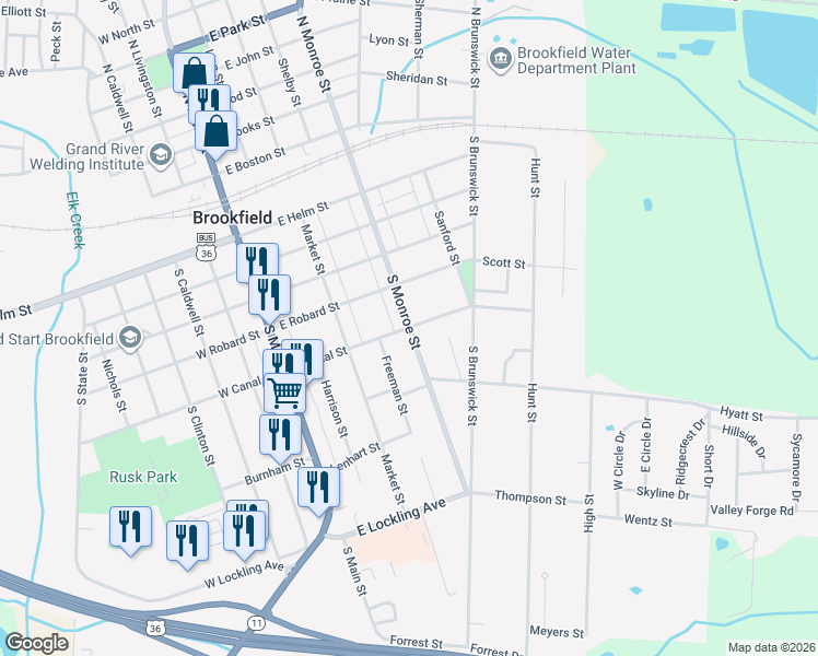 map of restaurants, bars, coffee shops, grocery stores, and more near 501 South Monroe Street in Brookfield