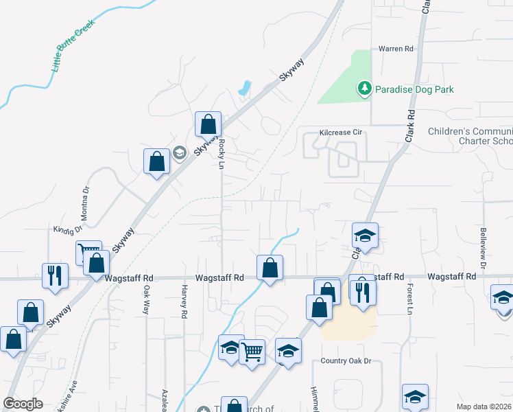 map of restaurants, bars, coffee shops, grocery stores, and more near 6509 Daphne Lane in Paradise