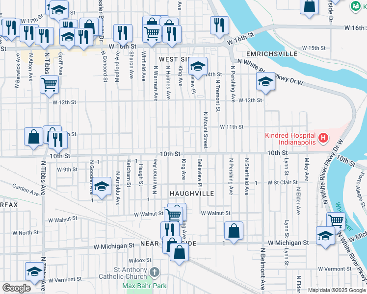 map of restaurants, bars, coffee shops, grocery stores, and more near 1025 King Avenue in Indianapolis