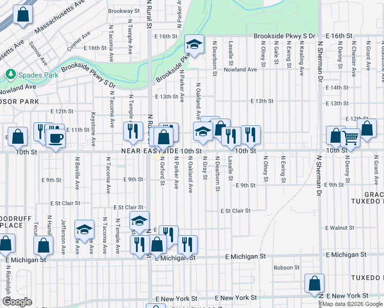 map of restaurants, bars, coffee shops, grocery stores, and more near 3101 East 10th Street in Indianapolis