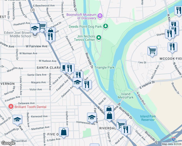 map of restaurants, bars, coffee shops, grocery stores, and more near 142 Ridge Avenue in Dayton