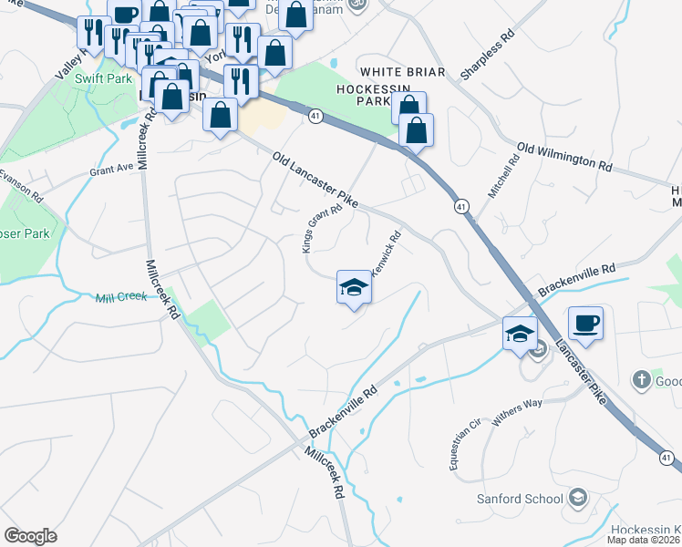 map of restaurants, bars, coffee shops, grocery stores, and more near 29 Kings Grant Road in Hockessin