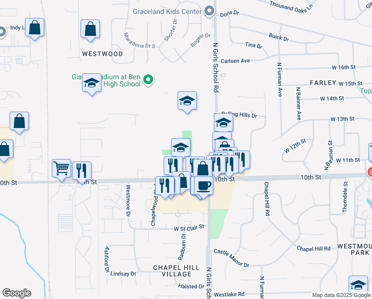 map of restaurants, bars, coffee shops, grocery stores, and more near 7320 West 10th Street in Indianapolis