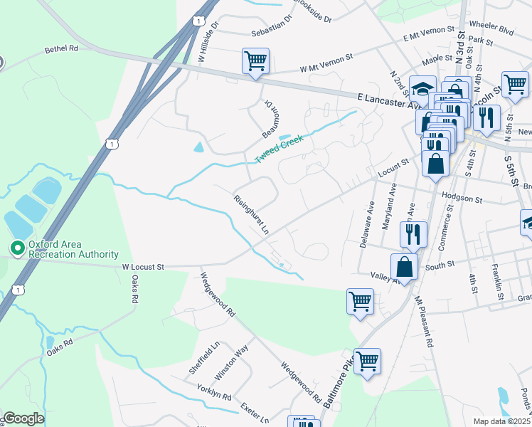 map of restaurants, bars, coffee shops, grocery stores, and more near 640 Abingdon Circle in Oxford